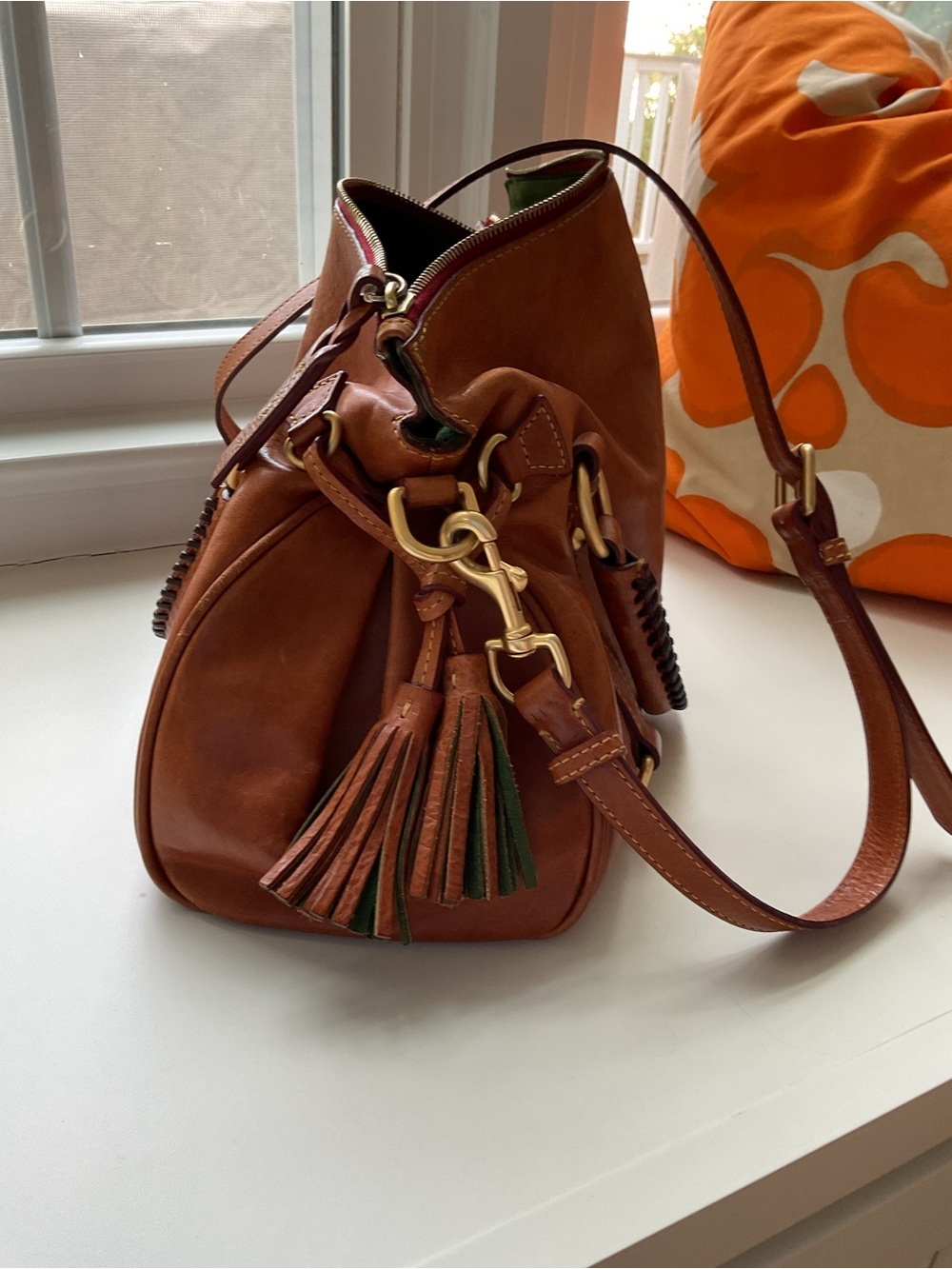 Dooney & Bourke Chestnut Brown Leather Satchel with Tassels - Picture 7 of 9
